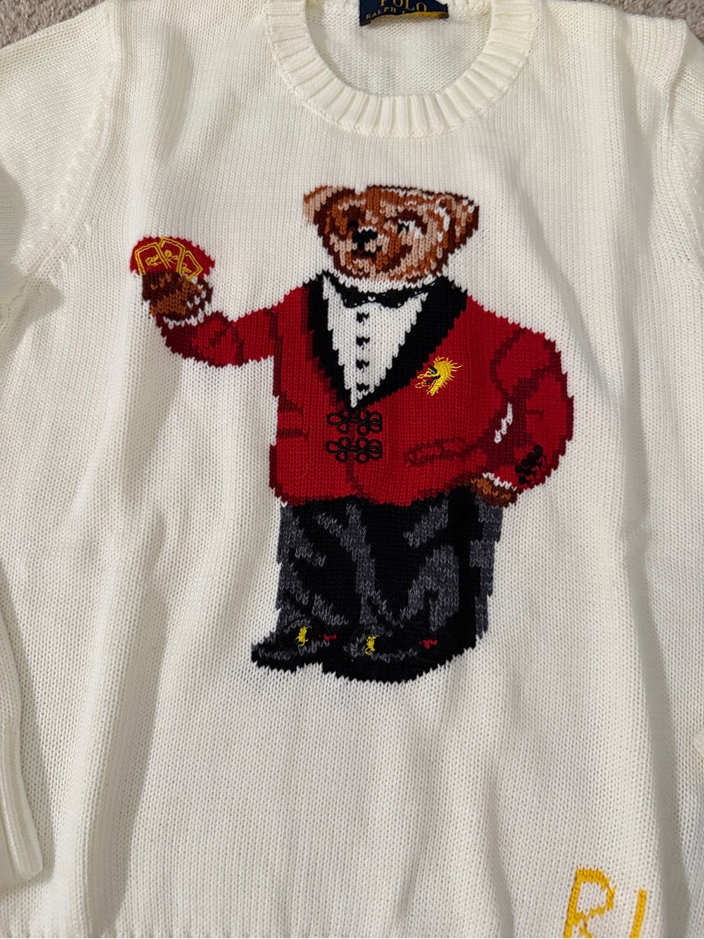 Polo by Ralph Lauren Cream Crewneck Sweater with Red Bear Intarsia - Picture 2 of 4